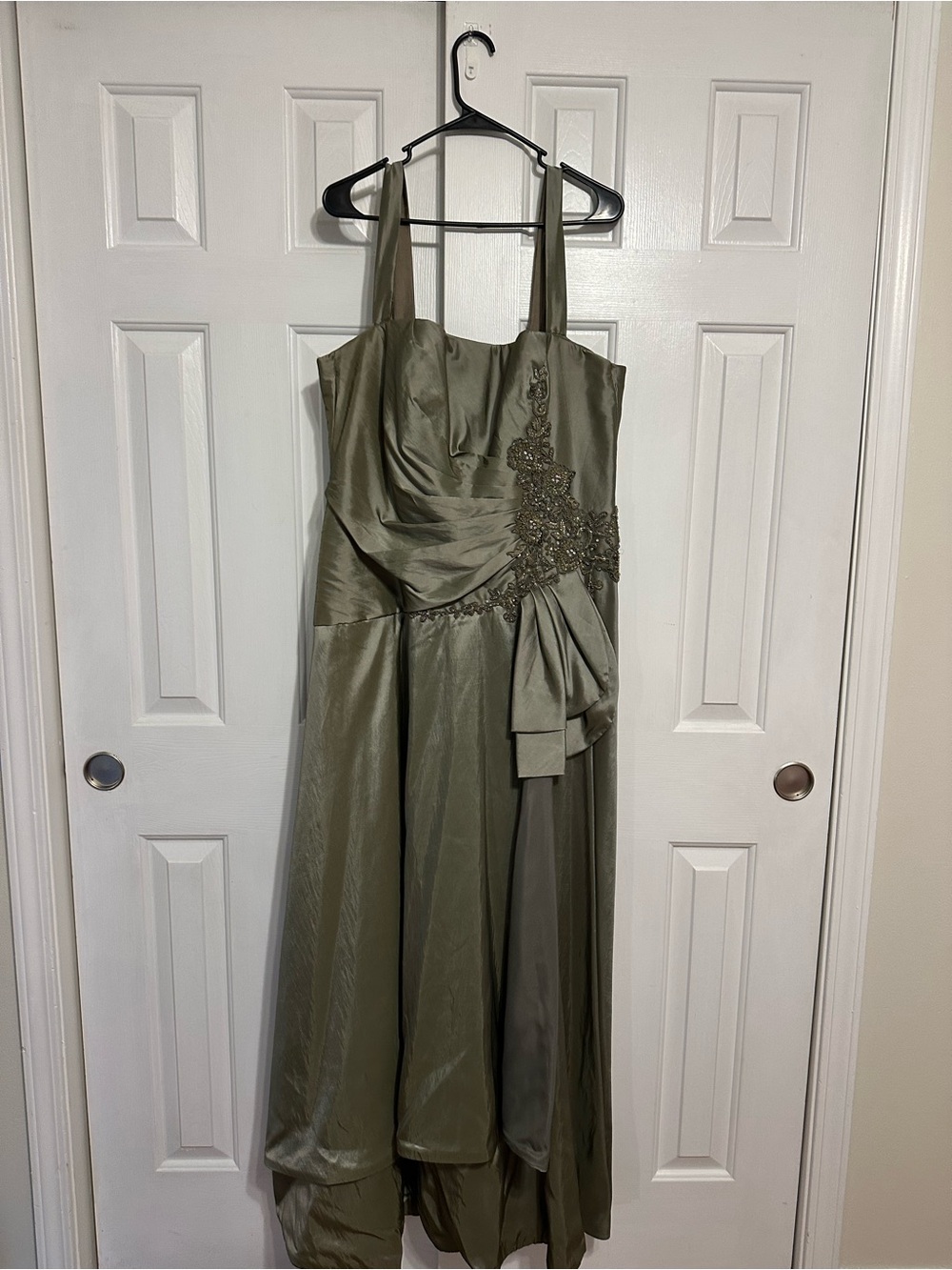 Montage by Mon Cheri Olive Green Draped Embellished A-Line Gown
